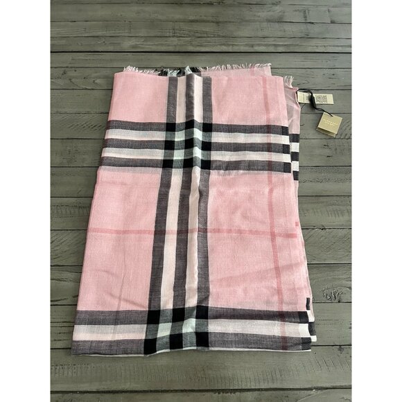 NEW BURBERRY Giant Check Wool Silk Gauze Scarf Ash Rose 220x70cm - Picture 5 of 13